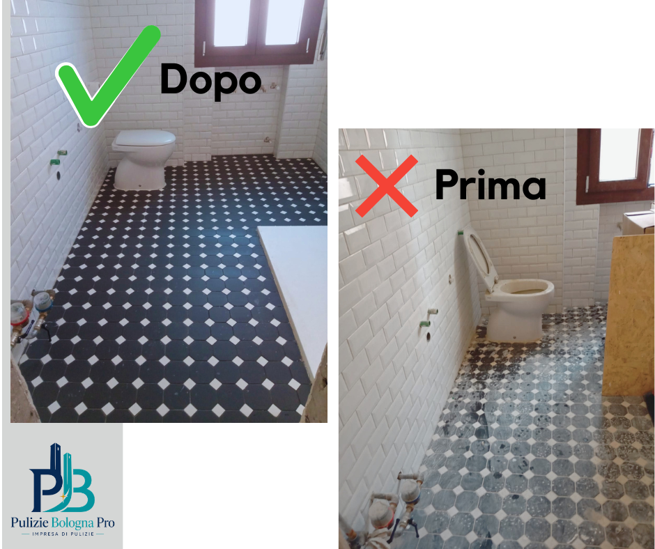 Prima e dopo la pulizia di un bagno al termine dei lavori